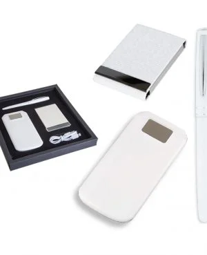 851 Beyaz Hediyelik Set - 5.000 Mah Powerbank - Metal Roller Kalem - Kartvizitlik