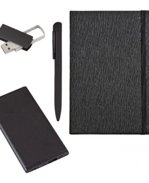 5055 Siyah Hediyelik Set - 5.000 Mah Powerbank - 13x21 Defter - Metal Tükenmez Kalem - Usb Bellek