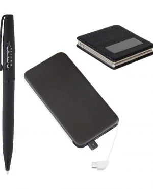 854 Siyah Hediyelik Set - 5.000 Mah Powerbank - Metal Tükenmez Kalem - Derili Ayna