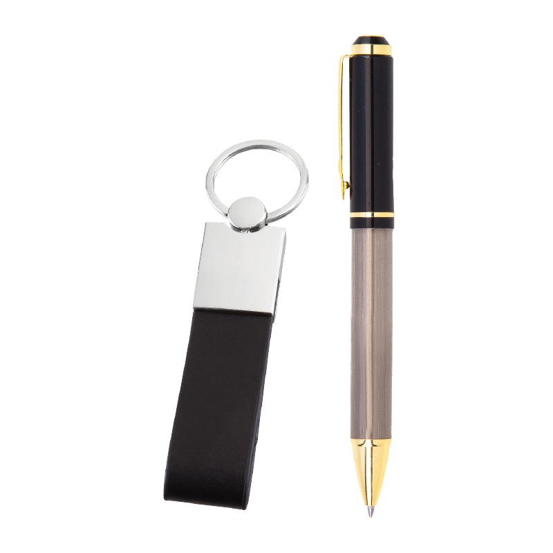 5011 Füme Siyah Hediyelik Set - Metal Tükenmez Kalem - Metal Suni Deri Anahtarlık - Görsel 2